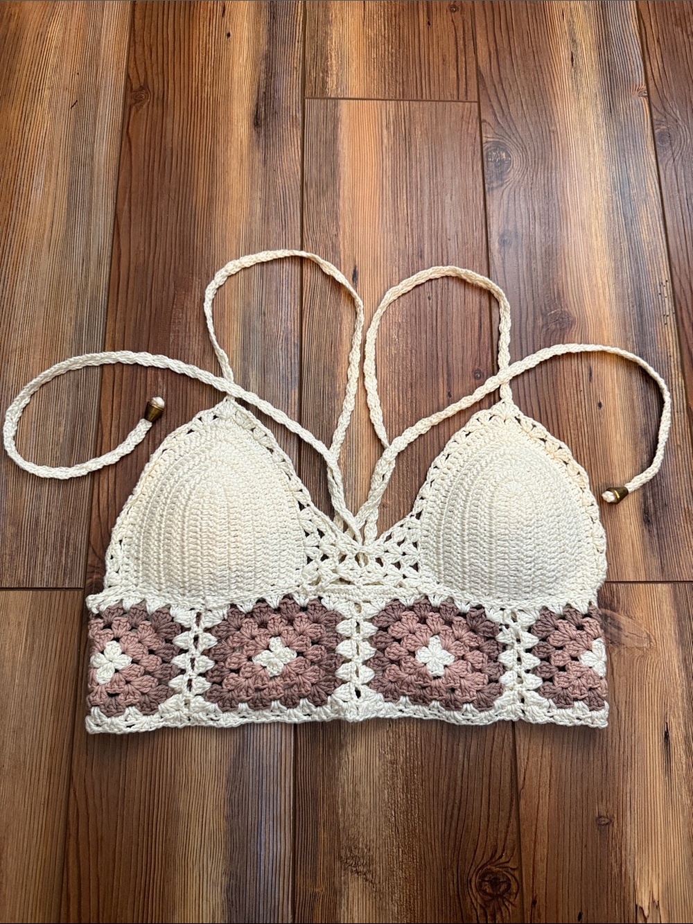 Crochet Bralette Top in Cream and Dusty Rose